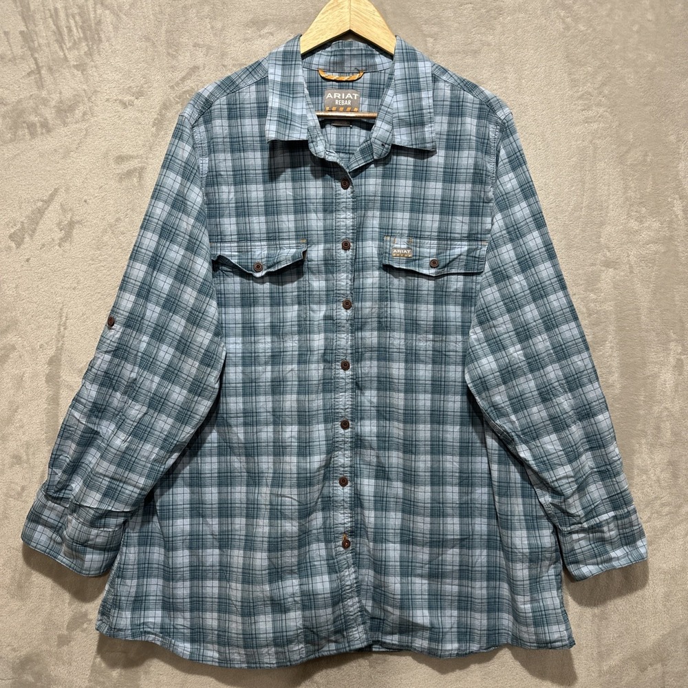 Ariat Rebar Made Tough DuraStretch Work Shirt Size 3X Roll Tab Sleeves Green‎
